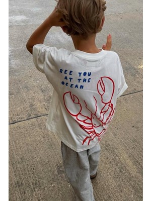 Monila Çocuk Istakoz Baskılı Pamuklu Kumaş T-Shirt Kısa Kol Günlük Tarz Ekru Renk