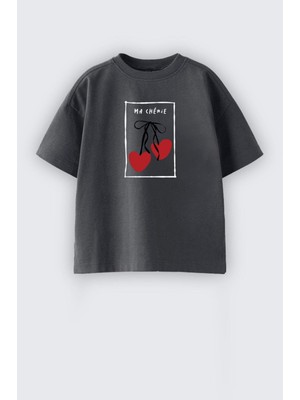 Kız Çocuk Kiraz Baskılı Bisiklet Yaka Pamuklu Tshirt