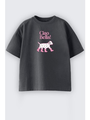 Monila Kız Çocuk Antrasit Renkli Köpek Baskılı Kısa Kol Pamuklu T-Shirt Günlük Kullanım İçin İdeal
