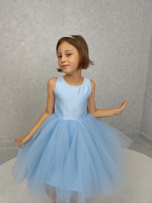 Kız Çocuk Ada Model Abiye Bebe Mavi Yaka Incili Elbise