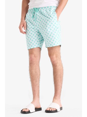 Defacto E0977 Yeşil Regular Fit Desenli File Astarlı Kısa Boy Deniz Şortu