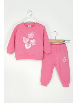 Dmb Boys & Girls Kız Bebek Kalpli Eşofman Takım Fuşya Renkli Bisiklet Yaka Sweatshirt ve Lastikli Eşofman Altı