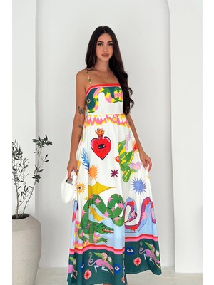 Ithal Krep Kumaş Kare Yaka Elbise Desenli