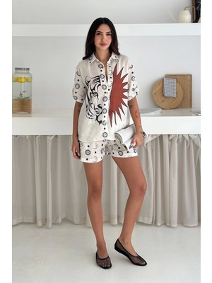 Kaplan Baskılı Keten Kumaş Şortlu Takım