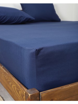Fitted Pamuklu Kumaş Yatak Çarşaf ve Yastık Kılıf Takımı-Lastikli-Solmaya Dayanıklı-Lacivert