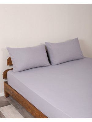 Fitted Pamuklu Kumaş Yatak Çarşaf ve Yastık Kılıf Takımı-Lastikli-Solmaya Dayanıklı-Gri