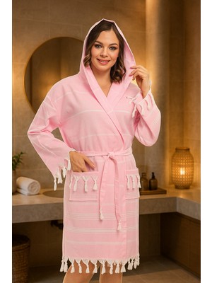 Unisex Sultan Püskül Modelli Deniz-Havuz-Plaj-Banyo-Sauna-Spa Peştemal Bornoz-Pamuklu-Pembe