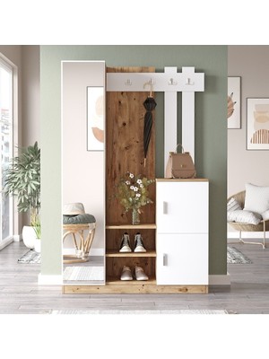 Yurupa Henley Aynalı Vestiyer Portmanto Ayakkabılık Raflı 3 Kapaklı Çam-Beyaz Hen7-Aw