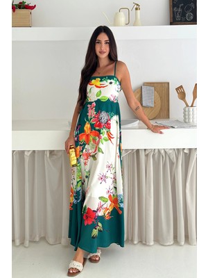 Ithal Krep Kumaş Desenli Elbise Yeşil