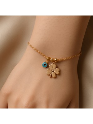 Gold Renk Minimal Yonca & Nazar Çelik  Halhal ve Bileklik -Kadın Şans Aksesuarı