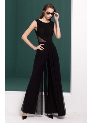 Doridorca Kadın Drapeli Kolsuz Pencere Detaylı Abiye Tulum 7053 Siyah