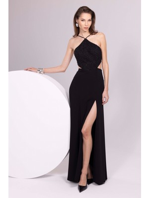 Doridorca Kadın Üst Full Taşlı Alt Krep Kumaş Maxi Abiye Elbise 7039 Siyah