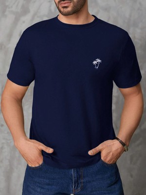 Erkek Lacivert Bisiklet Yaka Göğsü Palmiye Baskılı T-Shirt