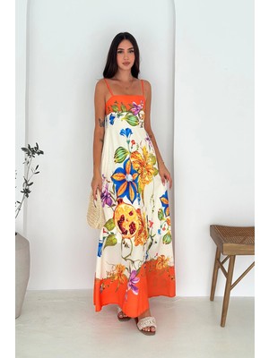 Ithal Krep Kumaş Desenli Elbise Turuncu