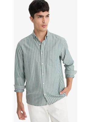 DeFacto Regular Fit Polo Yaka Dokuma Uzun Kollu Çizgili Gömlek E7840AX25AU