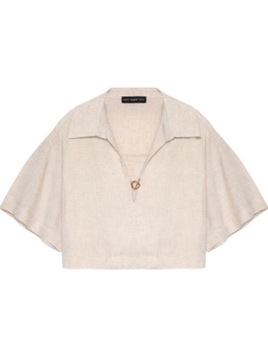 Gömlek Yakalı Crop Bluz Natur