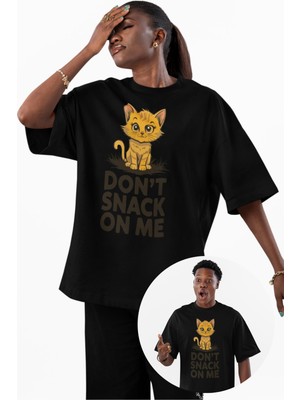 Unisex Dont Snack On Me Baskılı Tişört, Oversize Komik Kedi Temalı Bisiklet Yaka T-Shirt