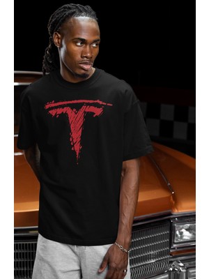 Unisex Vintage Tesla Logo Baskılı Tişört, Oversize Araba Temalı Bisiklet Yaka T-Shirt