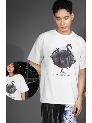 Unisex Sleep Token Flamingo Baskılı Tişört, Oversize Rock Band Temalı Bisiklet Yaka T-Shirt