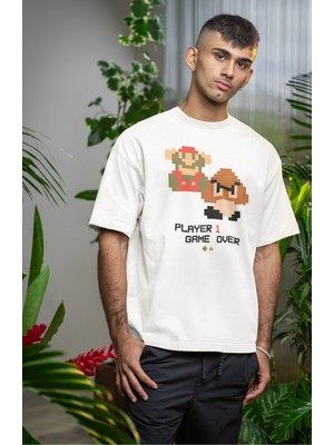 Unisex Player 1 Game Over Baskılı Tişört, Oversize Süper Mario Temalı Bisiklet Yaka T-Shirt
