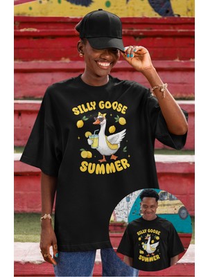 Unisex Silly Goose Summer Baskılı Tişört, Oversize Komik Kaz Temalı Bisiklet Yaka T-Shirt