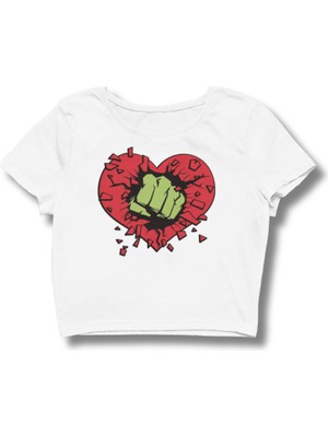 Kalp Baskılı Crop Top, Kadın Hulk Yumruk Temalı Crop Bluz