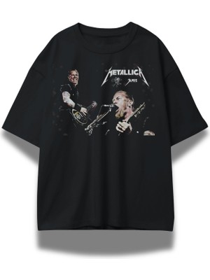 Unisex Metallica James Yazılı Tişört, Oversize Rock Band Temalı Bisiklet Yaka T-Shirt