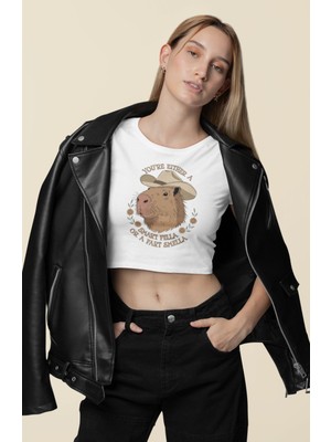 You Are Either Yazılı Crop Top, Kadın Capybara Temalı Crop Bluz