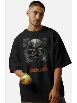 Unisex Gas Mask Metallica Baskılı Tişört, Oversize Rock Band Temalı Bisiklet Yaka T-Shirt