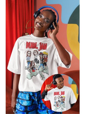 Unisex Pearl Jam Yazılı Tişört, Oversize Rock Band Baskılı Bisiklet Yaka T-Shirt