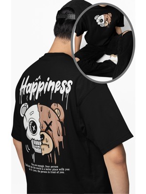 Unisex Happiness Sırt Baskılı Tişört, Oversize Panda Temalı Bisiklet Yaka T-Shirt