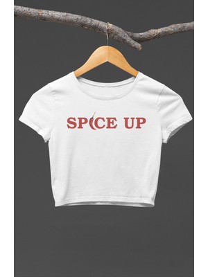 Spice Up Yazılı Crop Top, Kadın Biber Baskılı Crop Bluz