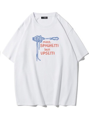 Brz Collection Unisex Oversize More Spaghetti Less Upsetti T-Shirt Beyaz