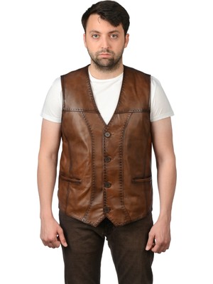 AsyaClub Derije Texas Hakiki Deri Erkek Taba Punto Dikişli Yelek