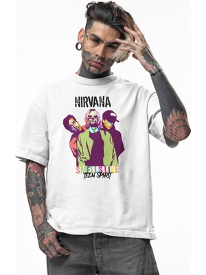 Unisex Smells Like Teen Spirit Yazılı Tişört, Oversize Rock Band Nirvana Baskılı T-Shirt