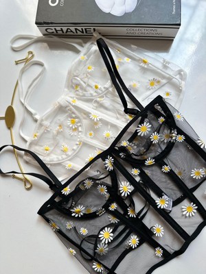 Papatya Desenli Tül, Siyah, Arkası Ipli Büstiyer Korse