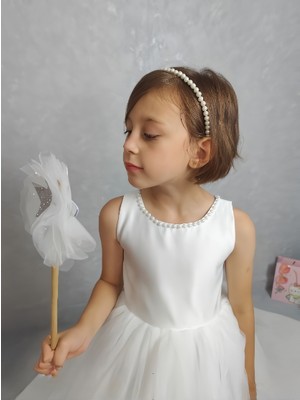 Kız Çocuk Ada Model Abiye Beyaz Yaka Incili Elbise