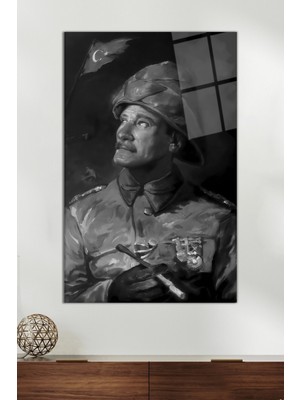 Siyah Beyaz Üniformalı M. Kemal Atatürk Portresi Cam Tablo, Ev Dekoru Hediyelik Duvar Dekorasyonu