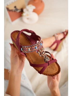 Khayt Kadın Sandalet Anatomik Taşlı Bordo Suni Deri ile Rahat ve Şık Tasarım