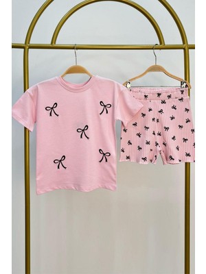 Kız Çocuk Pamuk Kumaş Kurdele Nakışlı Tshirt ve Tayt Alt Üst Takım