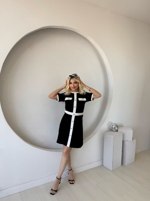 Kadın Kısa Kollu Bisiklet Yaka Önden Düğmeli Modal Elbise