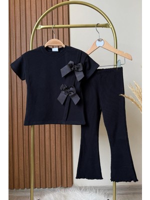 Kız Çocuk Grogren Fiyonk Detaylı Pamuklu Tshirt ve Ispanyol Paça Tayt Alt Üst Takım