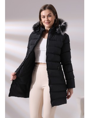 Kadın Kapüşonlu Fermuarlı Microjel Dolumlu Peluşlu Su ve Rüzgar Gecirmez Monta