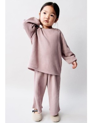 Kız Çocuk Waffle Kumaş Sweatshirt ve Geniş Paça Pantolon Alt Üst Takım