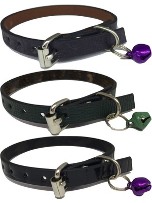 3'lü Zilli Deri Kedi Tasması 30 cm