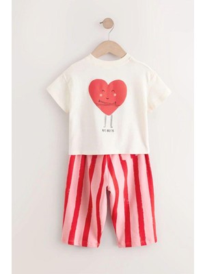Kız Çocuk Kalp Desenli Pamuklu Tshirt ve Çizgili Pantolon Alt Üst Takım