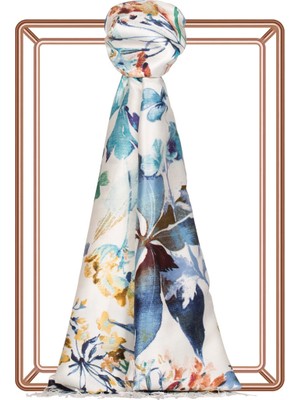 Beyaz Mavi Botanik Bahçe Desenli Ipek Şal - 5778