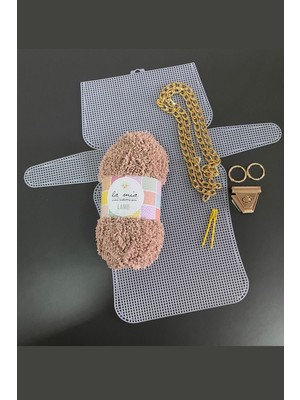 Kanvas Çanta Örgü Kiti 45X12CM - Sütlü Kahve Kuzu Ipi Plastik Kanvas Çanta Seti Zincirli