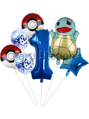 Pokemon Squirtle Konsept 1 Yaş Balon Set Pokemon Squirtle Yıldız Balon Doğum Günü Folyo Balon Set
