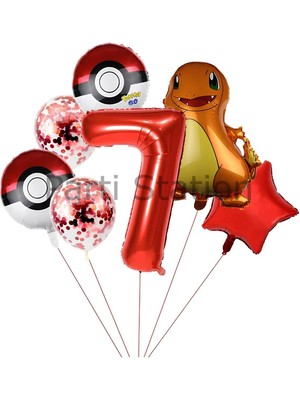 Pokemon Charizard Konsept 7 Yaş Balon Set Pokemon Çarizart Yıldız Balon Doğum Günü Folyo Balon Set